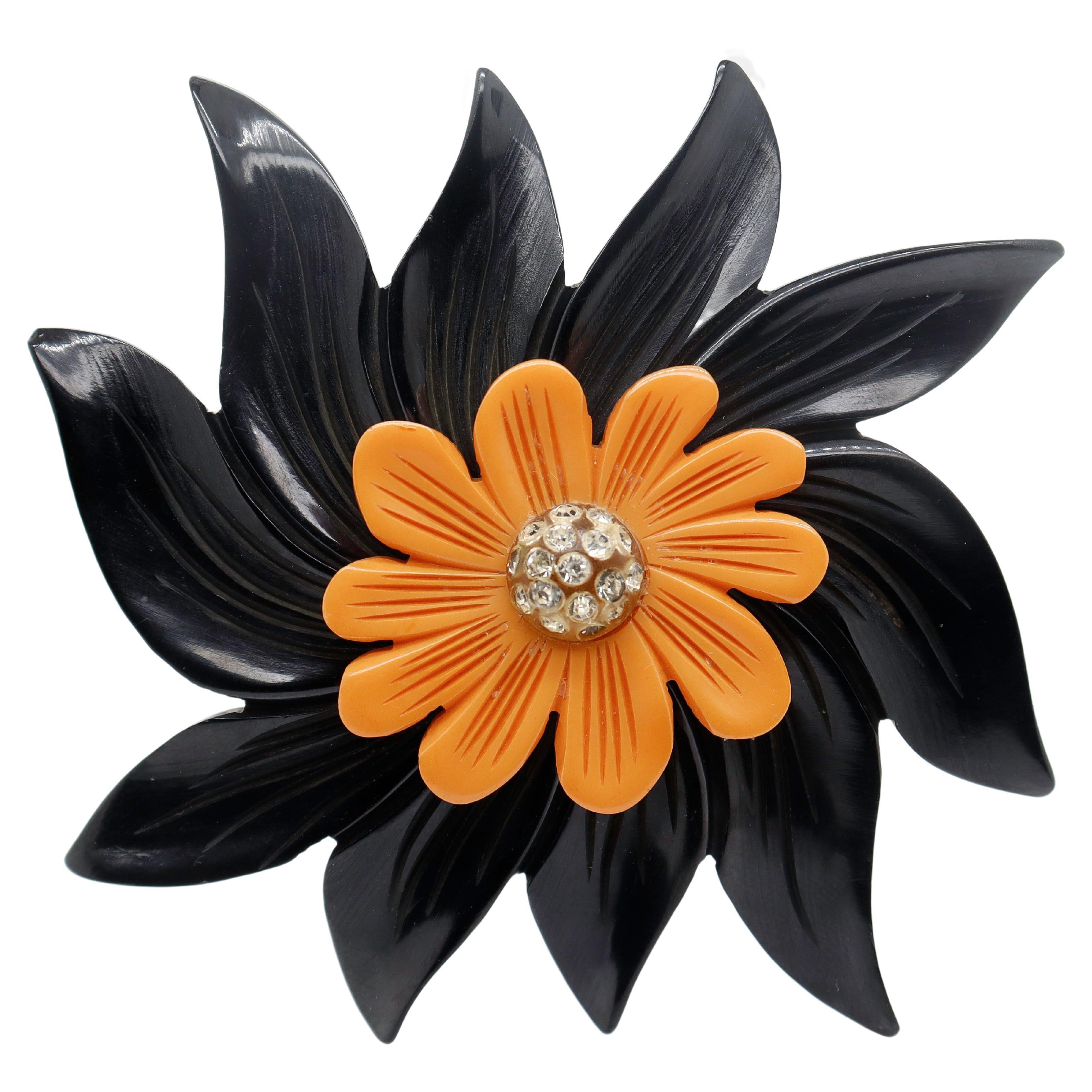 2-Color Black & Orange Bakelite Flower Brooch or Pin with Rhinestones