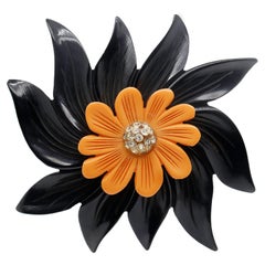 2-Color Black & Orange Bakelite Flower Brooch or Pin with Rhinestones