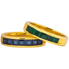 Vintage 2 Contemporary 5.50 Carat Sapphire Emerald 18 Karat Gold Men's Band Rings