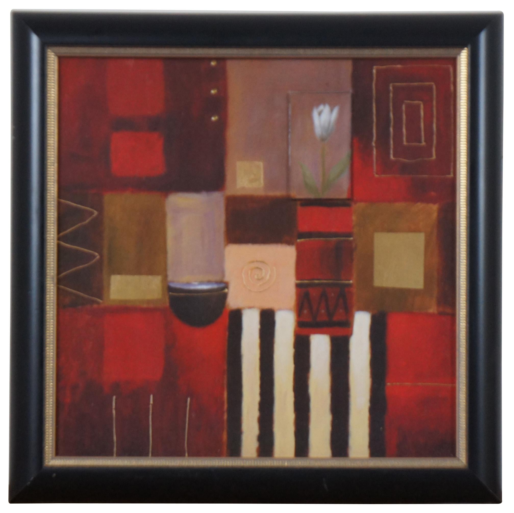 Pair of red, black, and gold modern art prints featuring contemporary geometric and collage style designs. Measure: 15