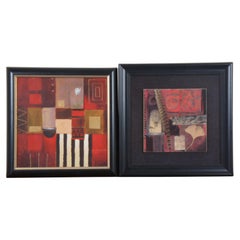 2 Contemporary Red Black & Gold Modern Geometric Art Prints Ginko Feather