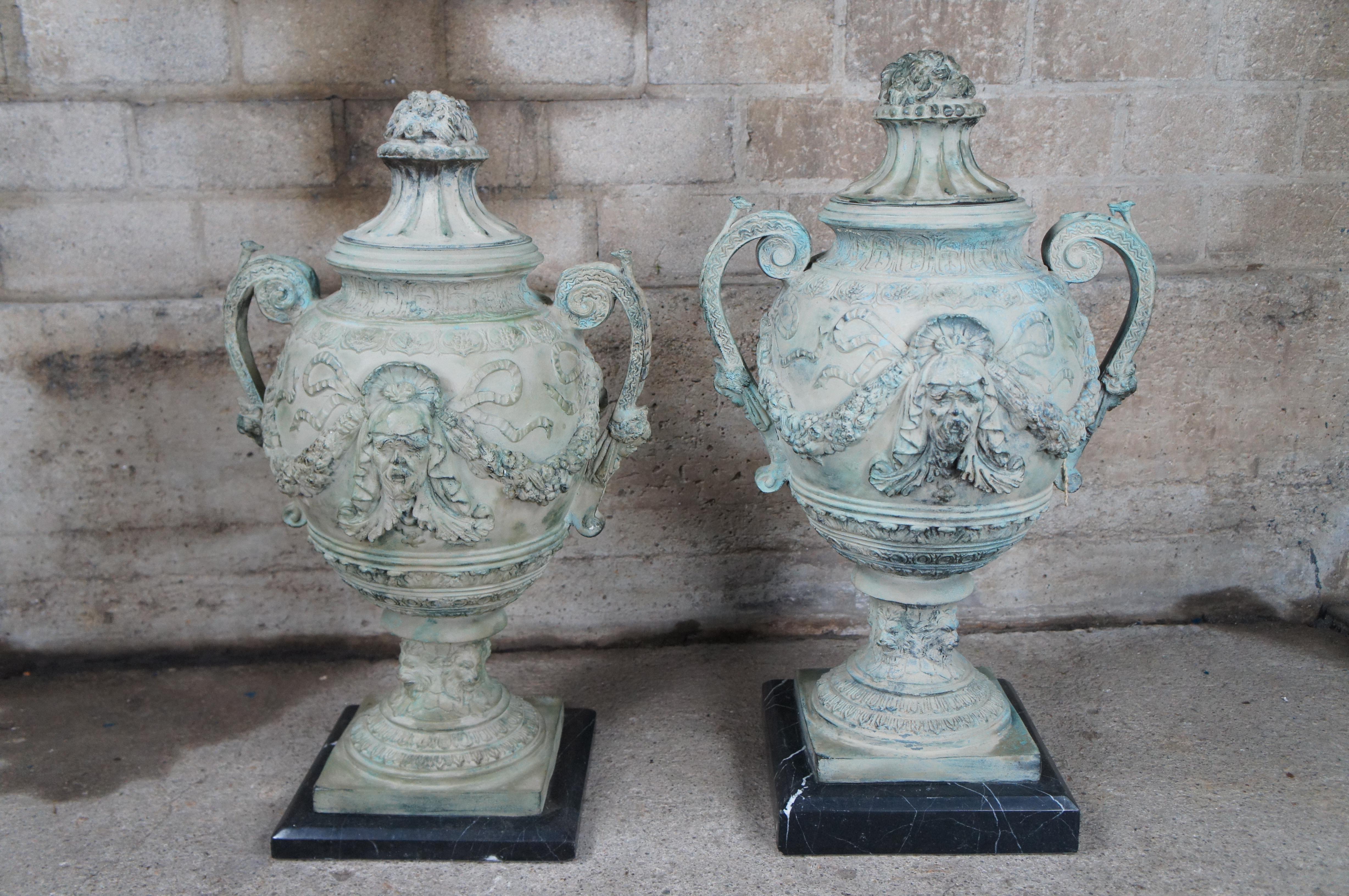 2 Continental Neoclassical Figured Bronze Urns Marble Plinth After A. Moreau 26