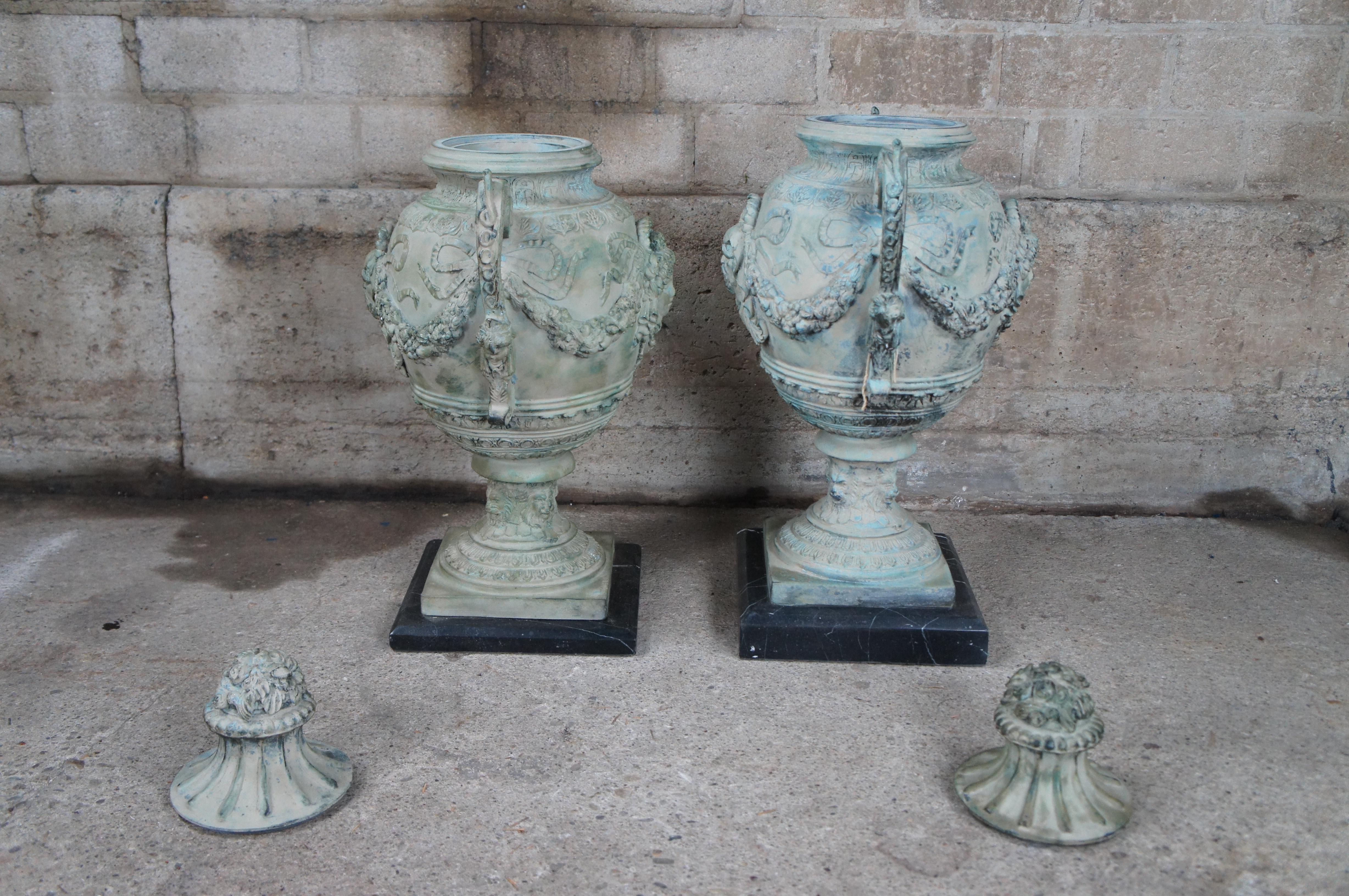 2 Continental Neoclassical Figured Bronze Urns Marble Plinth After A. Moreau 26