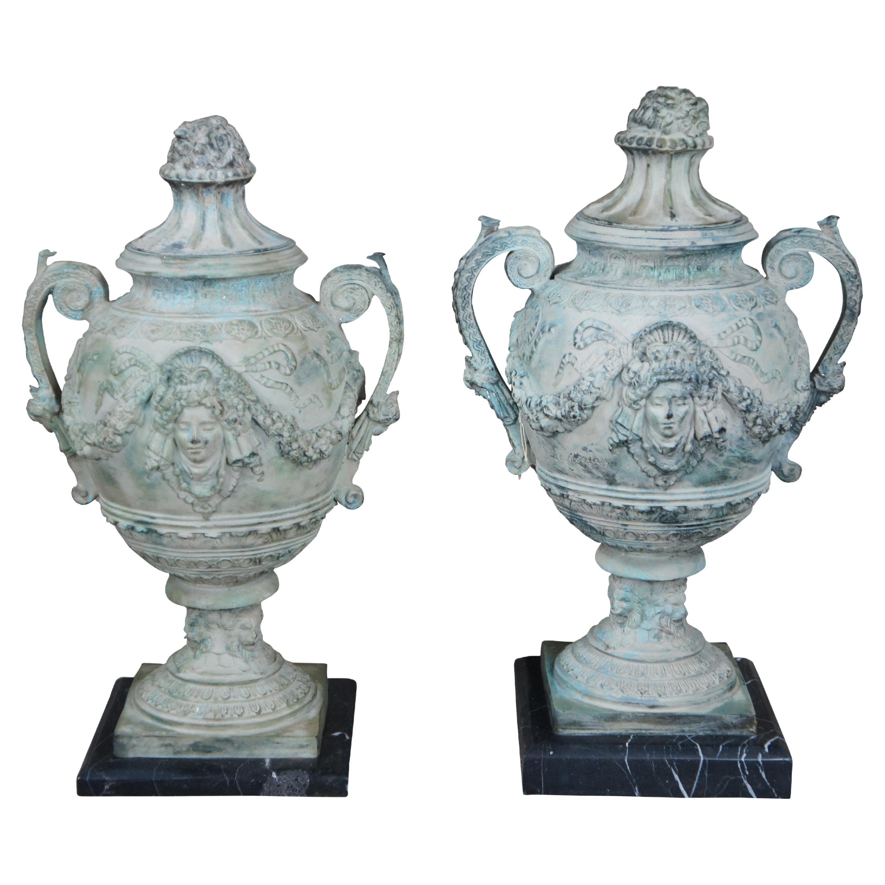 2 Continental Neoclassical Figured Bronze Urns Marble Plinth After A. Moreau 26" For Sale