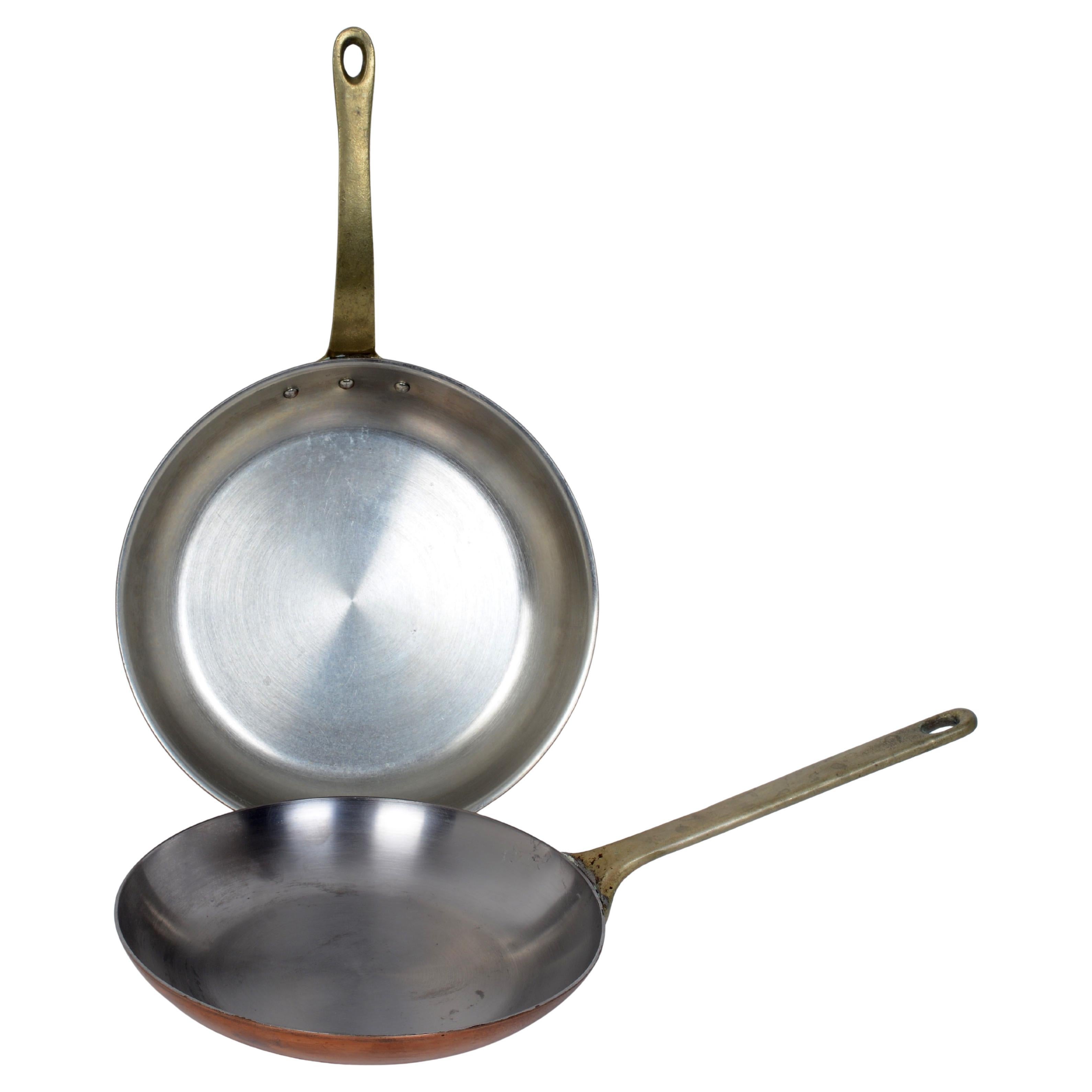 2 Copper Fry Pans, 1-10.5", 1-9.5", Both With Tinned Interiors and Brass Handles