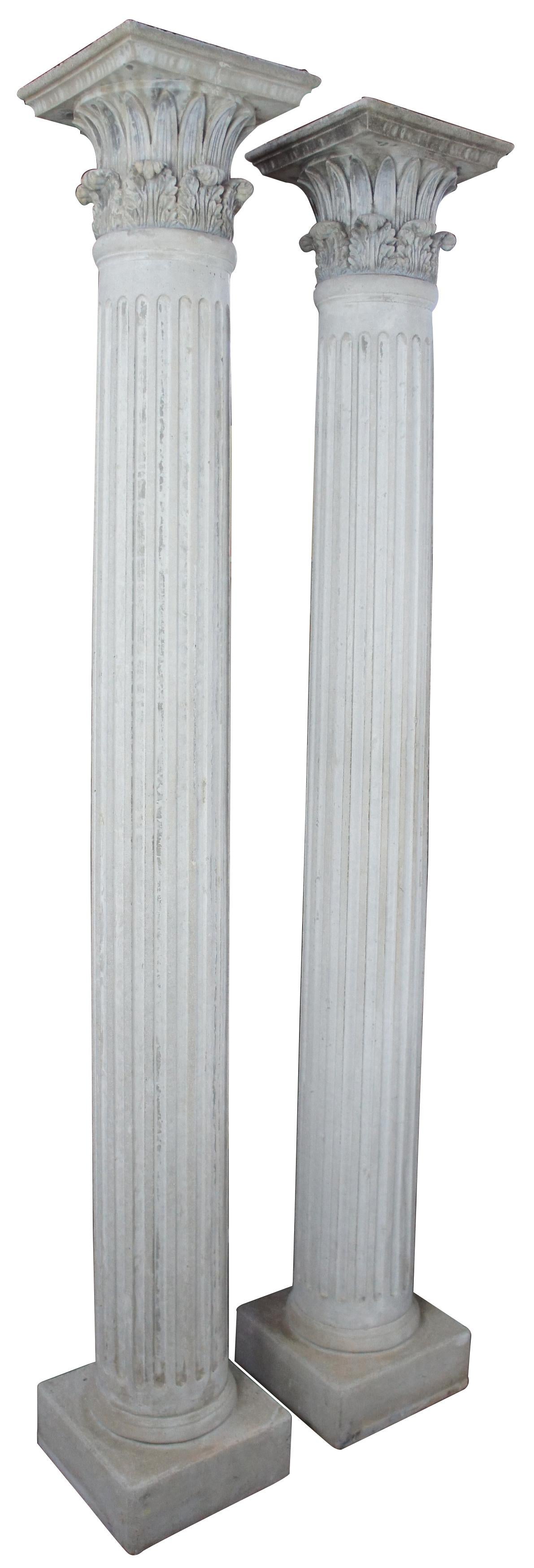 2 Corinthian architectural stone columns concrete Acanthus Roman Greek pillar 8'

Amazing set of architectural Greek or Roman style Corinthian columns with ornate capitals. Made from concrete with square base, fluted center and acanthus relief