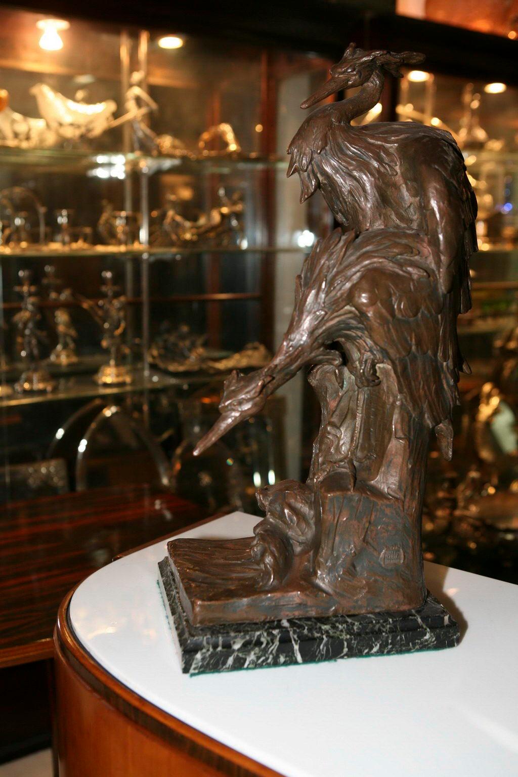 Art nouveau 2 Matériau de l'oiseau grue, enseigne en bronze et marbre, Susse Frères, France, 1900 en vente