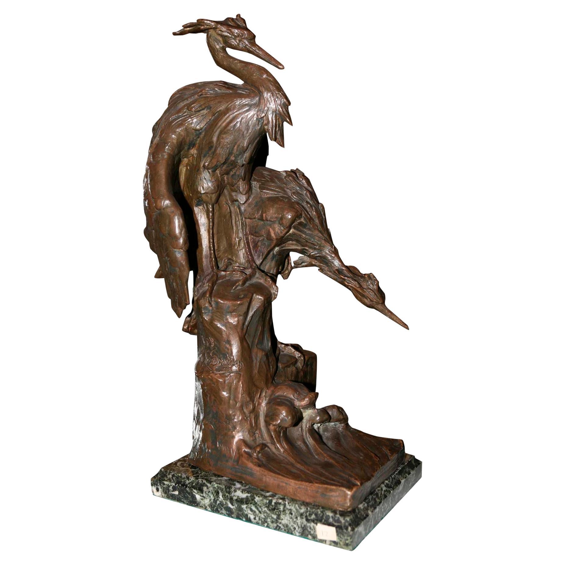 2 Crane Bird Material, Bronze and Marble Sign, Susse Freres, France, 1900