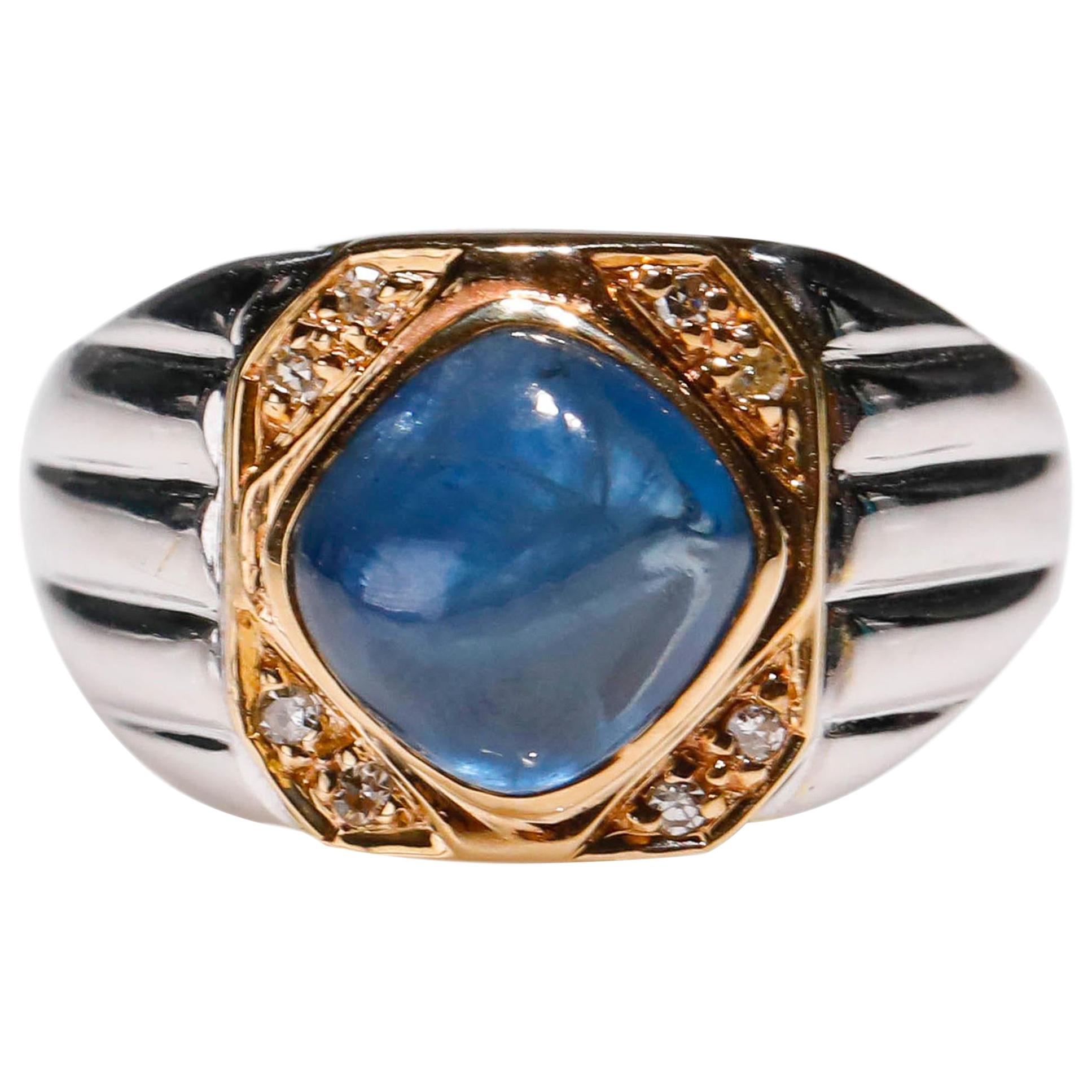 2 Ct Blue Sapphire 0.08 Ct Diamond 18 Kt White Gold Cocktail Cabochon Ring