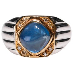 Bague cocktail cabochon en or blanc 18 carats avec saphir bleu 2 carats et diamant 0,08 carat