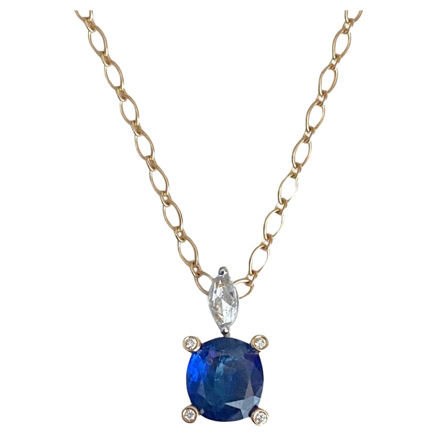 2 ct Blue Sapphire Pendant with Scintillating Marquise Shape Rose Cut Diamonds For Sale