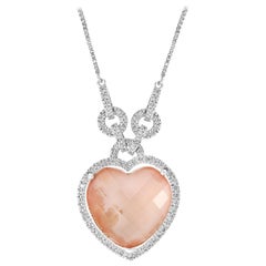 2 Ct Diamond and Pink Quartz Heart Pendant/ Necklace 14 Karat White Gold + Chain