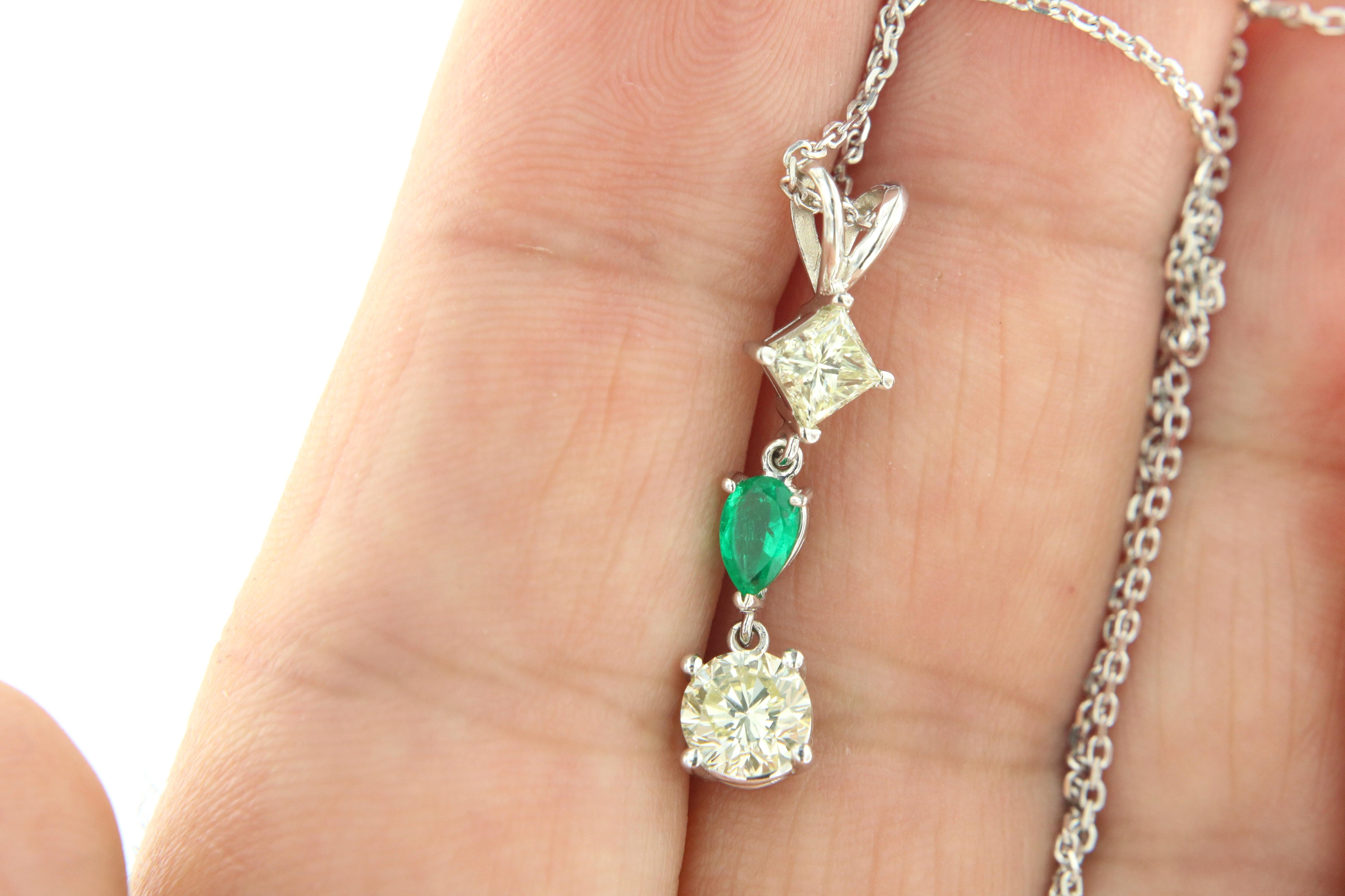 Contemporary 2 Ct Diamonds & Emerald 3 Stone Drop Pendant in 14k White Gold