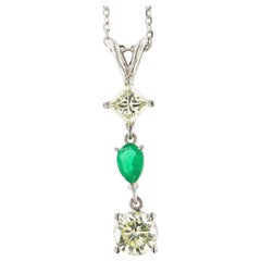 2 Ct Diamonds & Emerald 3 Stone Drop Pendant in 14k White Gold