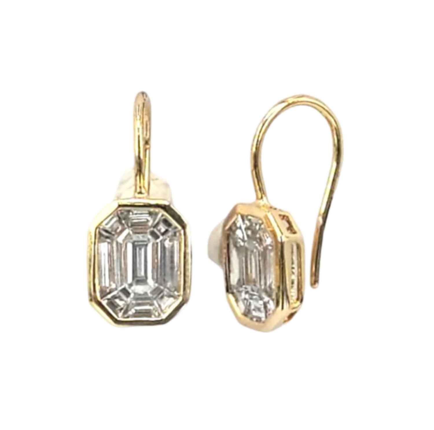 Pie cut diamond Emerald cut in Bezel set suspended on French wires  
Easy to wear and a great option for daily wear.

It can be further customised wit lever backs & dangling as you choose.
Total 1.30 carat diamonds are used to make this 4 carat face
