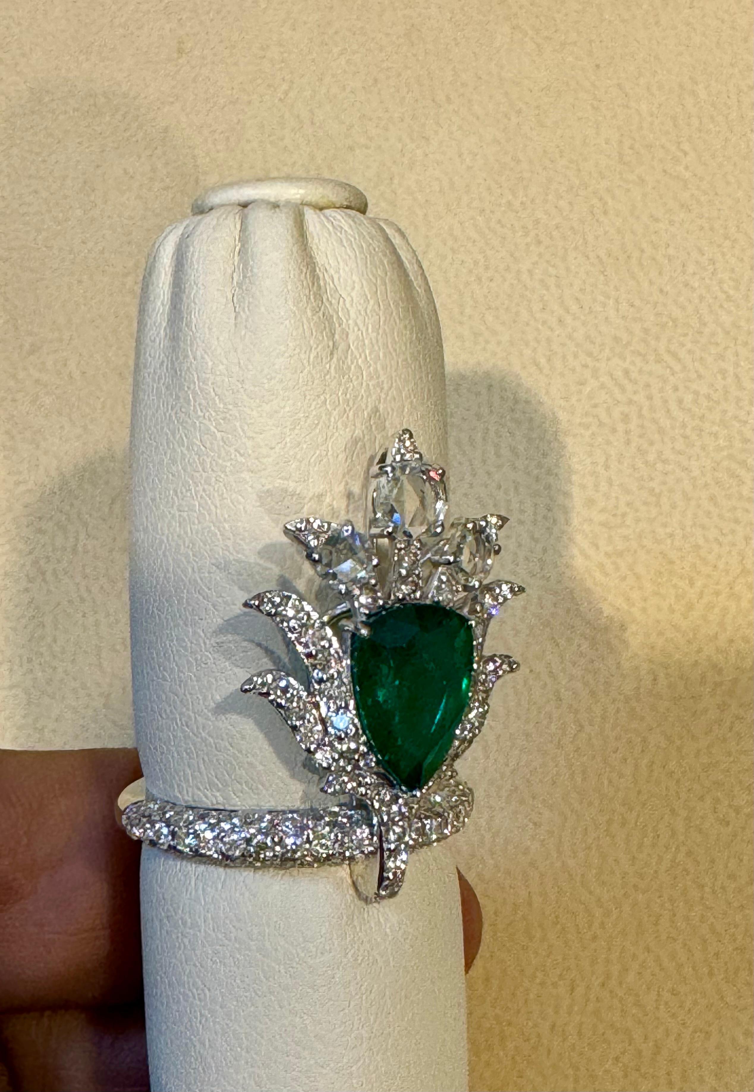 2 Ct Finest Zambian Pear Emerald & 2 Ct Diamond Ring in 18 Kt Gold Size 7 For Sale 5