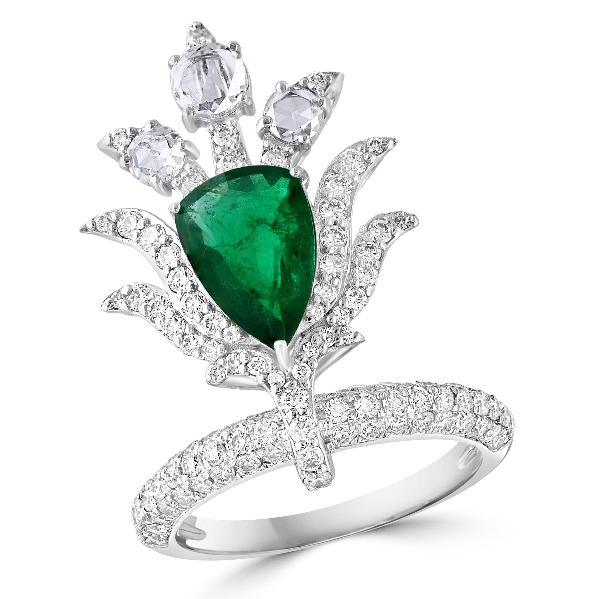 Pear Cut 2 Ct Finest Zambian Pear Emerald & 2 Ct Diamond Ring in 18 Kt Gold Size 7 For Sale
