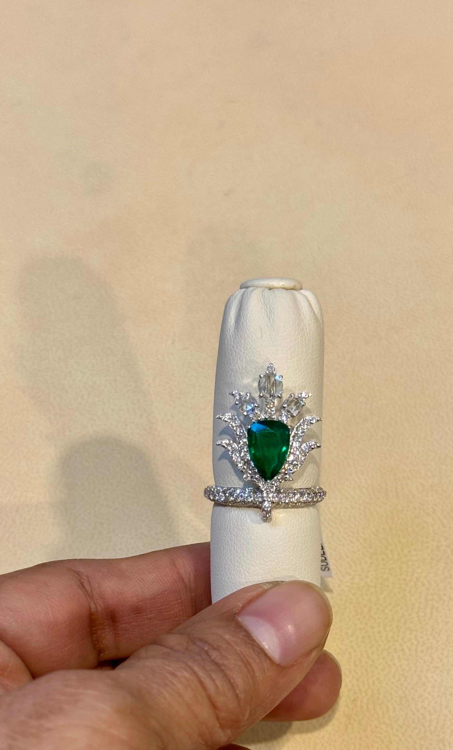 2 Ct Finest Zambian Pear Emerald & 2 Ct Diamond Ring in 18 Kt Gold Size 7 For Sale 4
