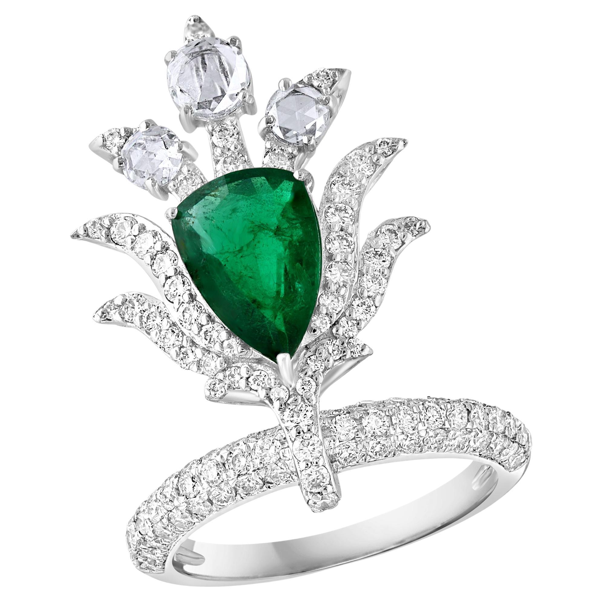2 Ct Finest Zambian Pear Emerald & 2 Ct Diamond Ring in 18 Kt Gold Size 7 For Sale