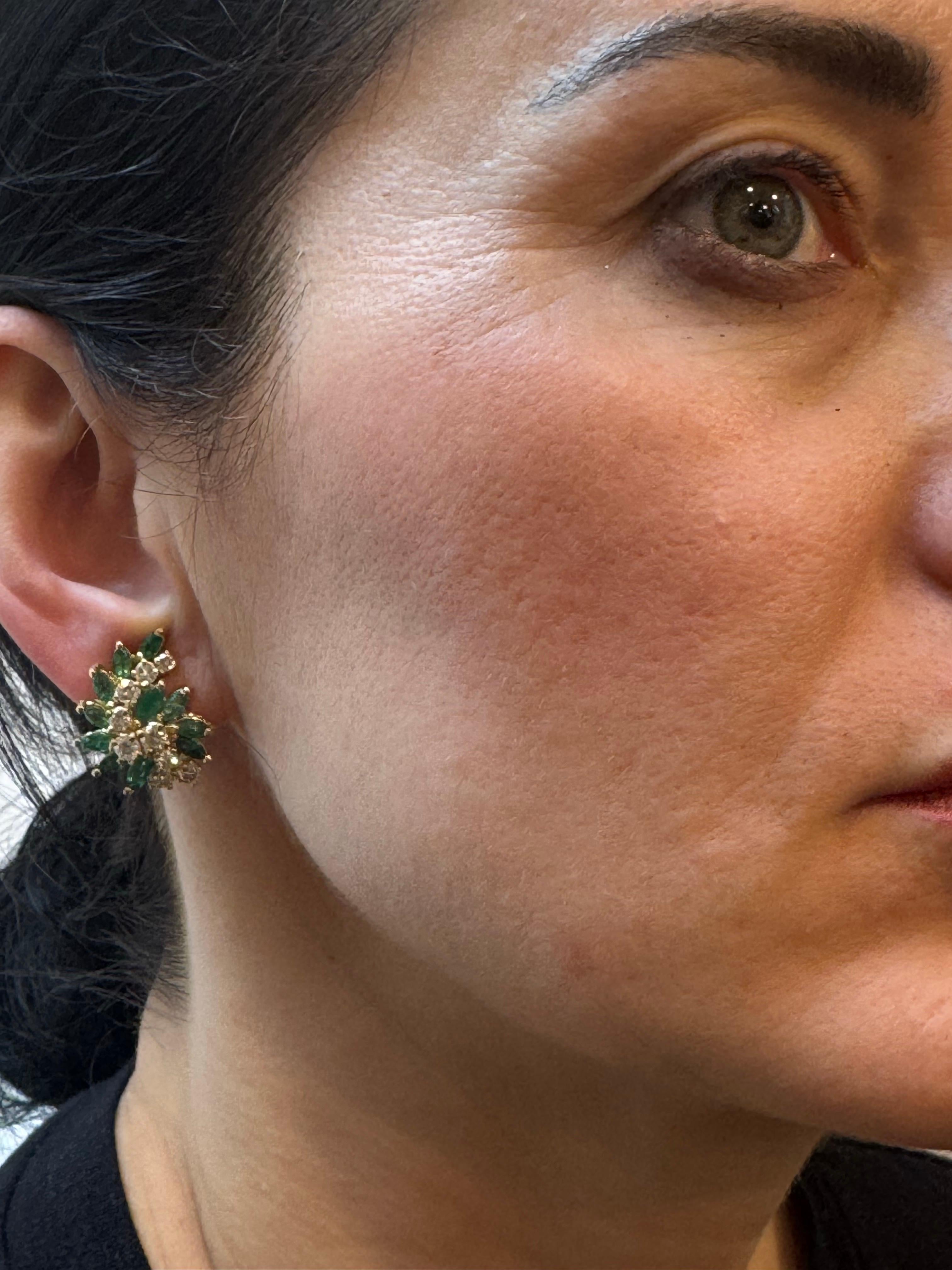 2 Ct Natural Brazilin Marquise Emerald & 1.8 Ct Diamond Clip on Earring 18 KYG
 
This exquisite pair of earrings are beautifully crafted in 18 Karat Yellow gold
Weight of 18 Karat gold is 14.5 Grams with emeralds.
10 Extreme fine Marquise shape