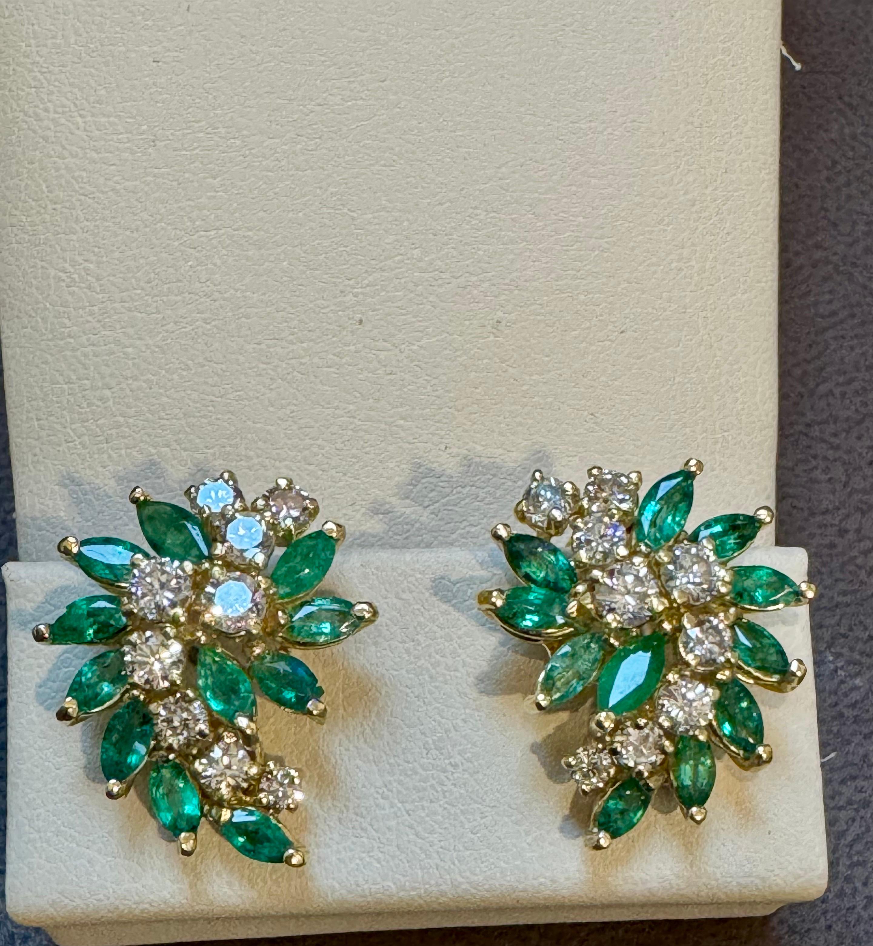 Women's 2 Ct Natural Brazilin Marquise Emerald & 1.8 Ct Diamond Clip on Earring 18 KYG For Sale
