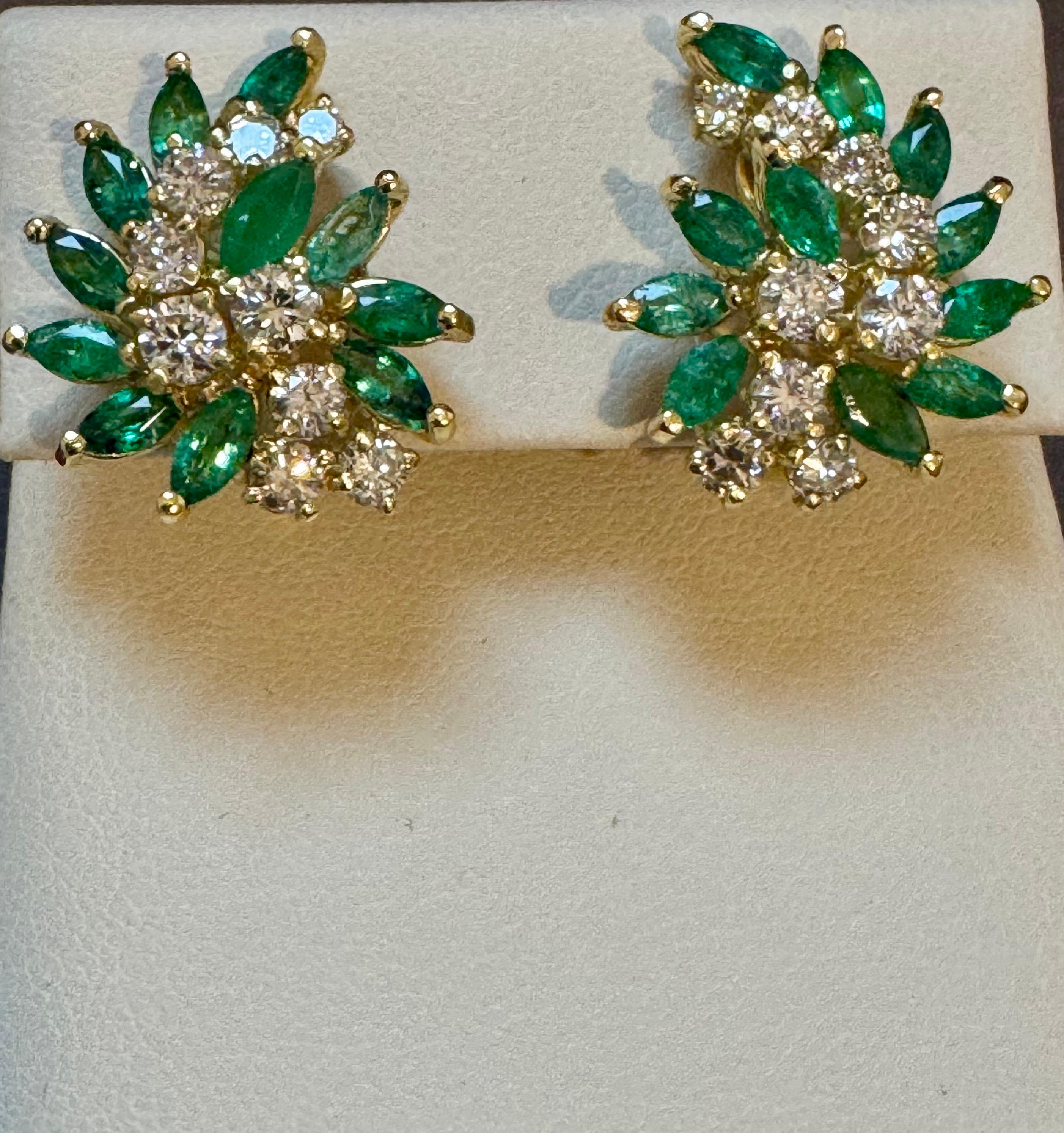 2 Ct Natural Brazilin Marquise Emerald & 1.8 Ct Diamond Clip on Earring 18 KYG For Sale 2