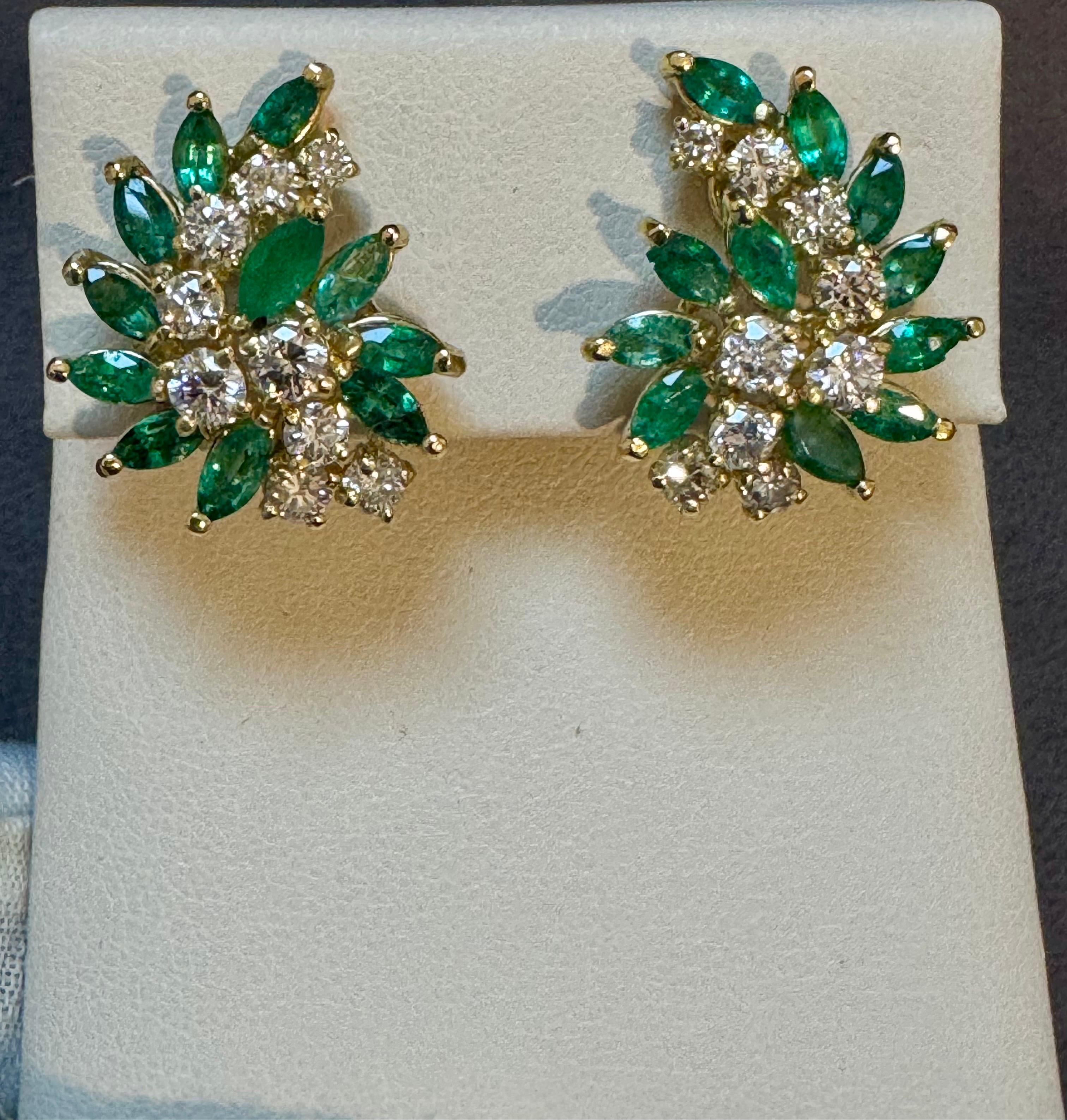 2 Ct Natural Brazilin Marquise Emerald & 1.8 Ct Diamond Clip on Earring 18 KYG For Sale 3