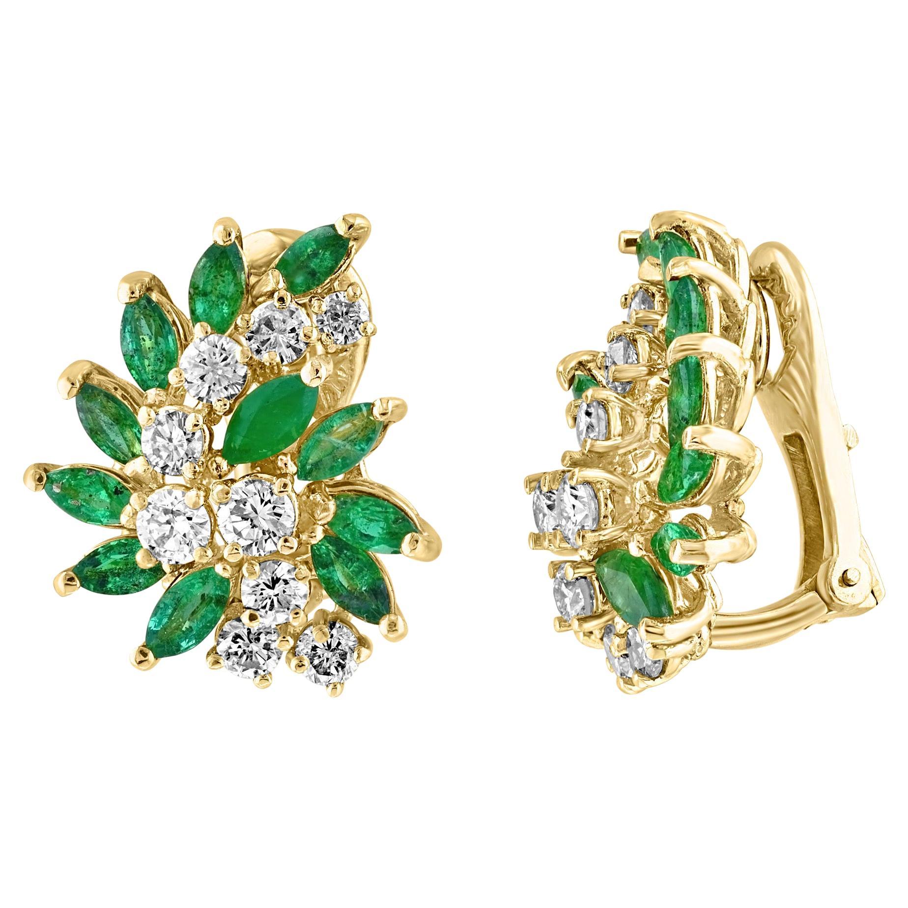 2 Ct Natural Brazilin Marquise Emerald & 1.8 Ct Diamond Clip on Earring 18 KYG For Sale