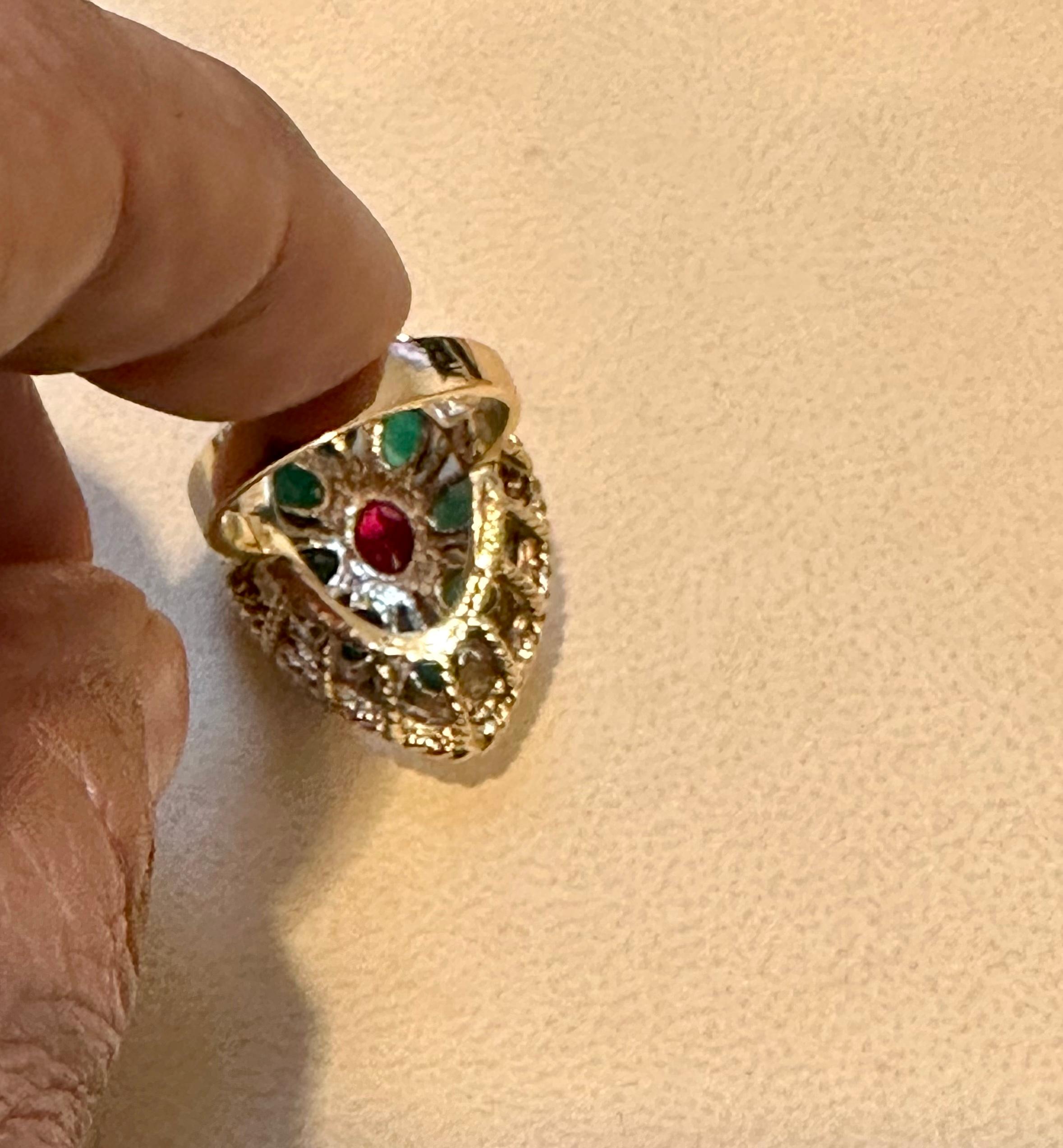 2 Ct Natural Emerald, 1 Oval Ruby Cocktail Marquise Shape Ring 14 Kt Yellow Gold In Excellent Condition For Sale In New York, NY