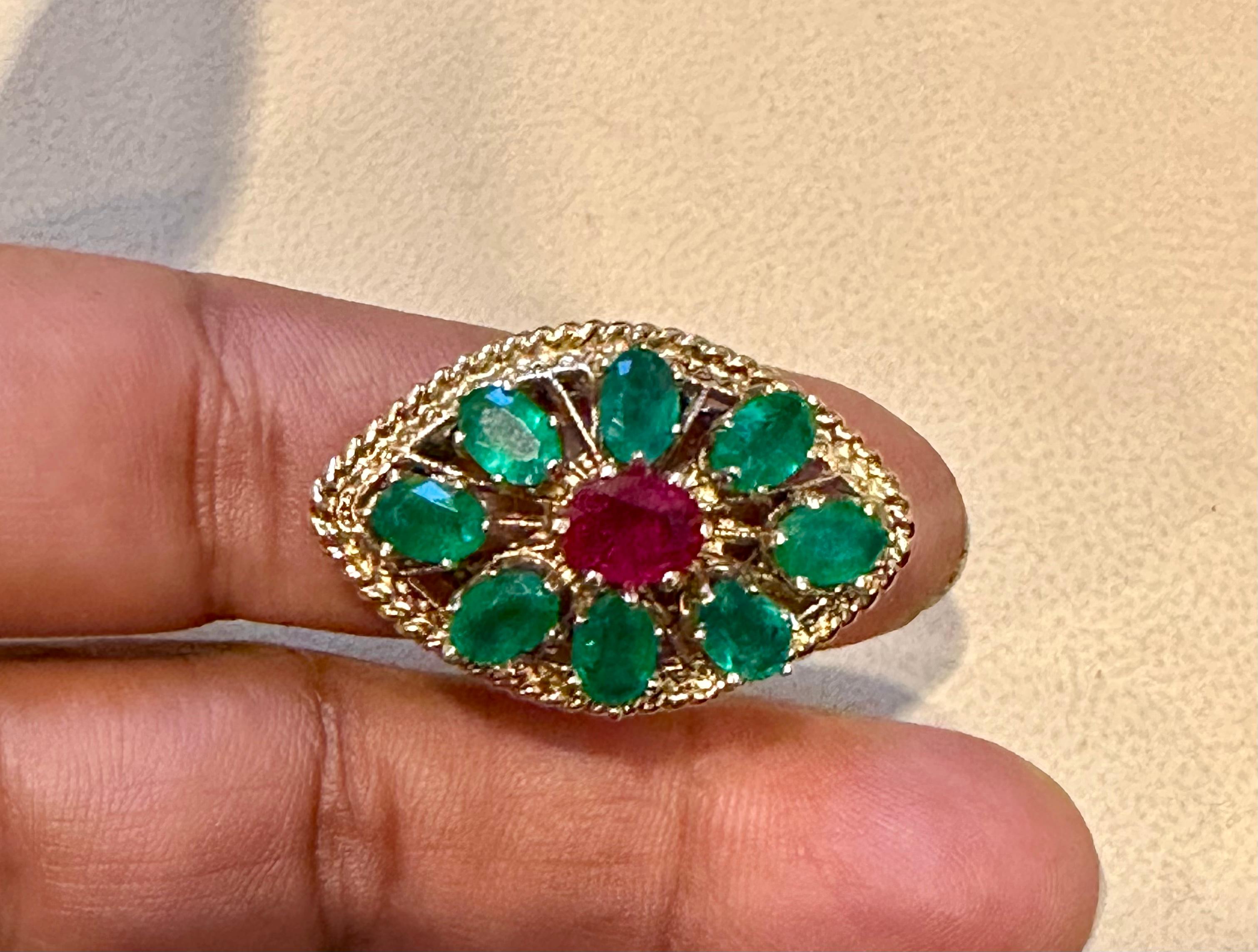 2 Ct Natural Emerald, 1 Oval Ruby Cocktail Marquise Shape Ring 14 Kt Yellow Gold For Sale 3