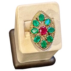 2 Ct Natural Emerald, 1 Oval Ruby Cocktail Marquise Shape Ring 14 Kt Yellow Gold