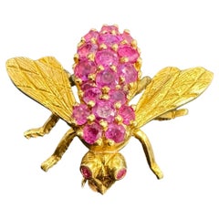 2 Ct Natural Round Ruby Bug Brooch /Pin 18 Karat Yellow Gold 5.1 Gm, Estate