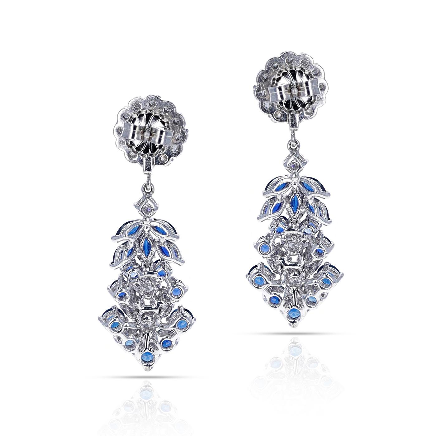 Round Cut 2 Ct. Round Diamond and 3.50 Ct. Round Sapphire Dangling Cocktail Earrings, 14K
