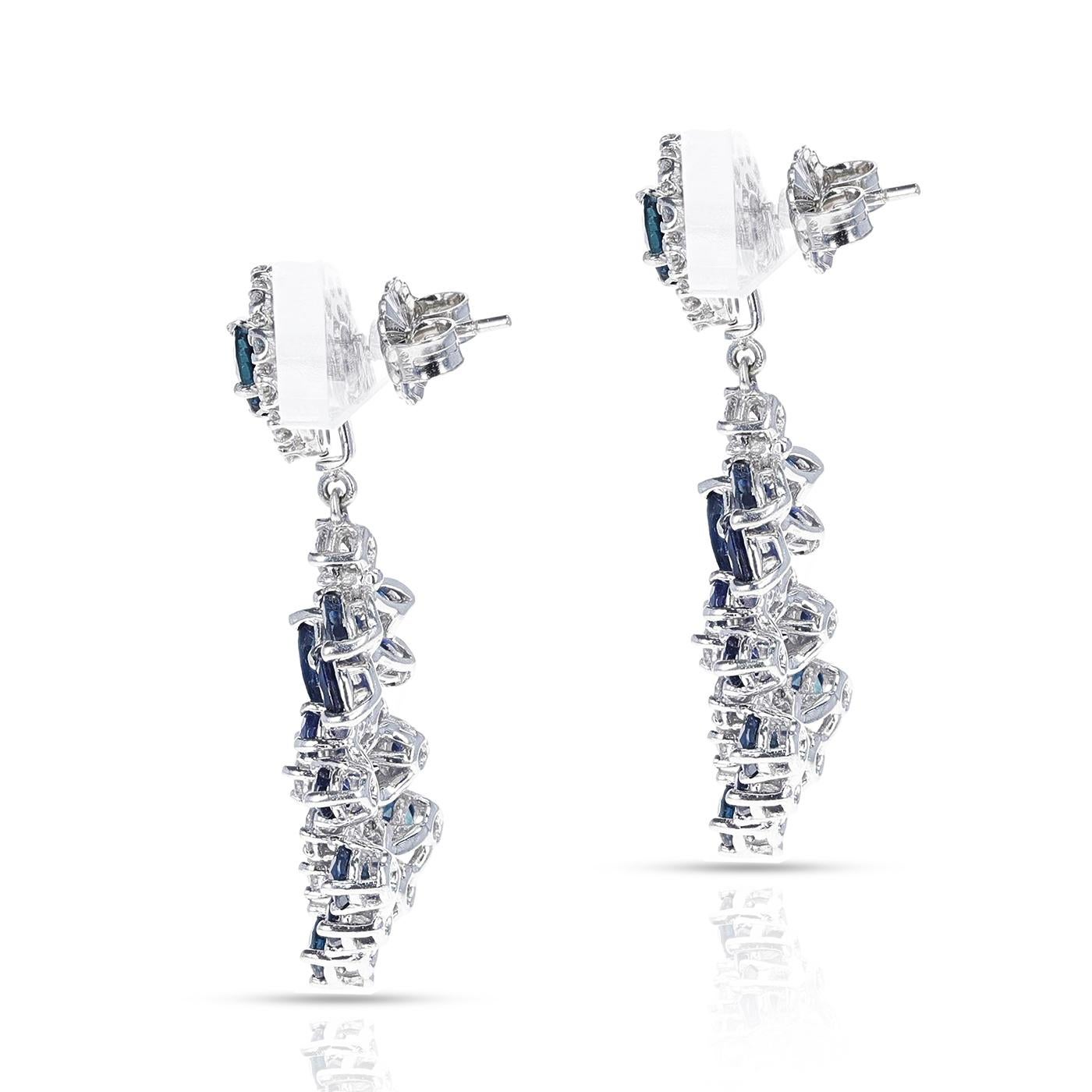 2 Ct. Round Diamond and 3.50 Ct. Round Sapphire Dangling Cocktail Earrings, 14K In Excellent Condition In New York, NY