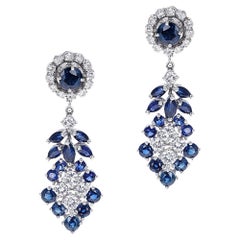 2 Ct. Round Diamond and 3.50 Ct. Round Sapphire Dangling Cocktail Earrings, 14K