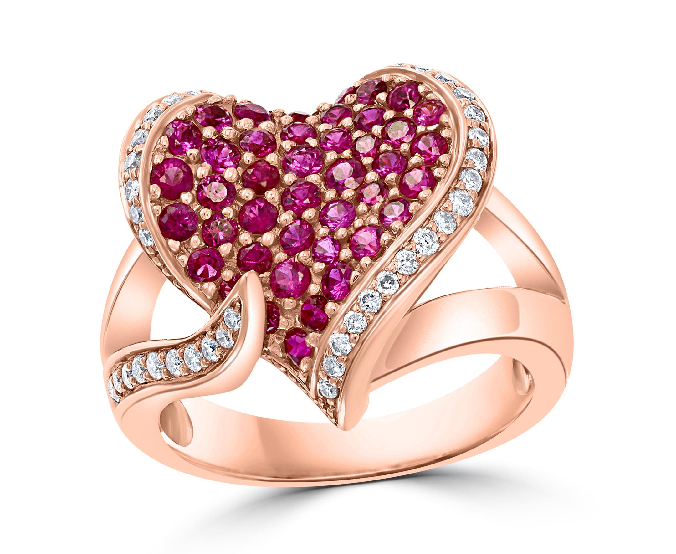 2 Carat Ruby and 0.75 Carat Diamond 18 Karat Rose Gold Heart Shape Ring For Sale 4