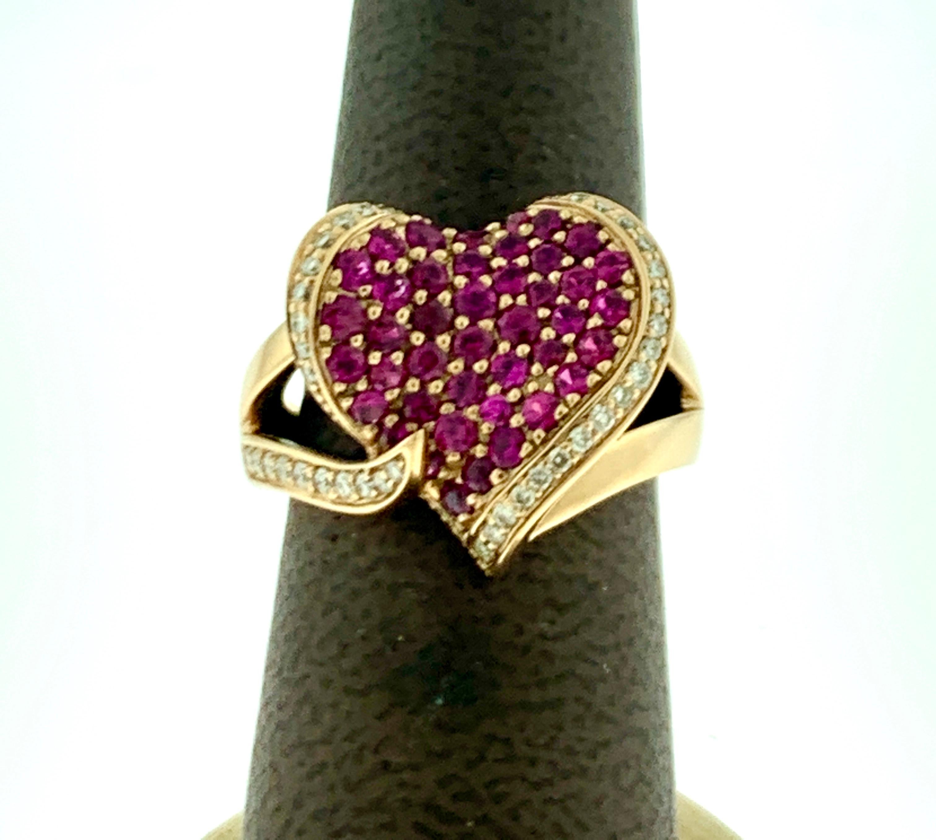 Round Cut 2 Carat Ruby and 0.75 Carat Diamond 18 Karat Rose Gold Heart Shape Ring For Sale