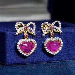 2 Ct. Ruby Diamond Vintage Style Heart Drop Earrings in 18K Yellow Gold