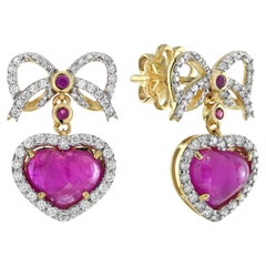 2 Ct. Ruby Diamond Vintage Style Heart Drop Earrings in 18K Yellow Gold