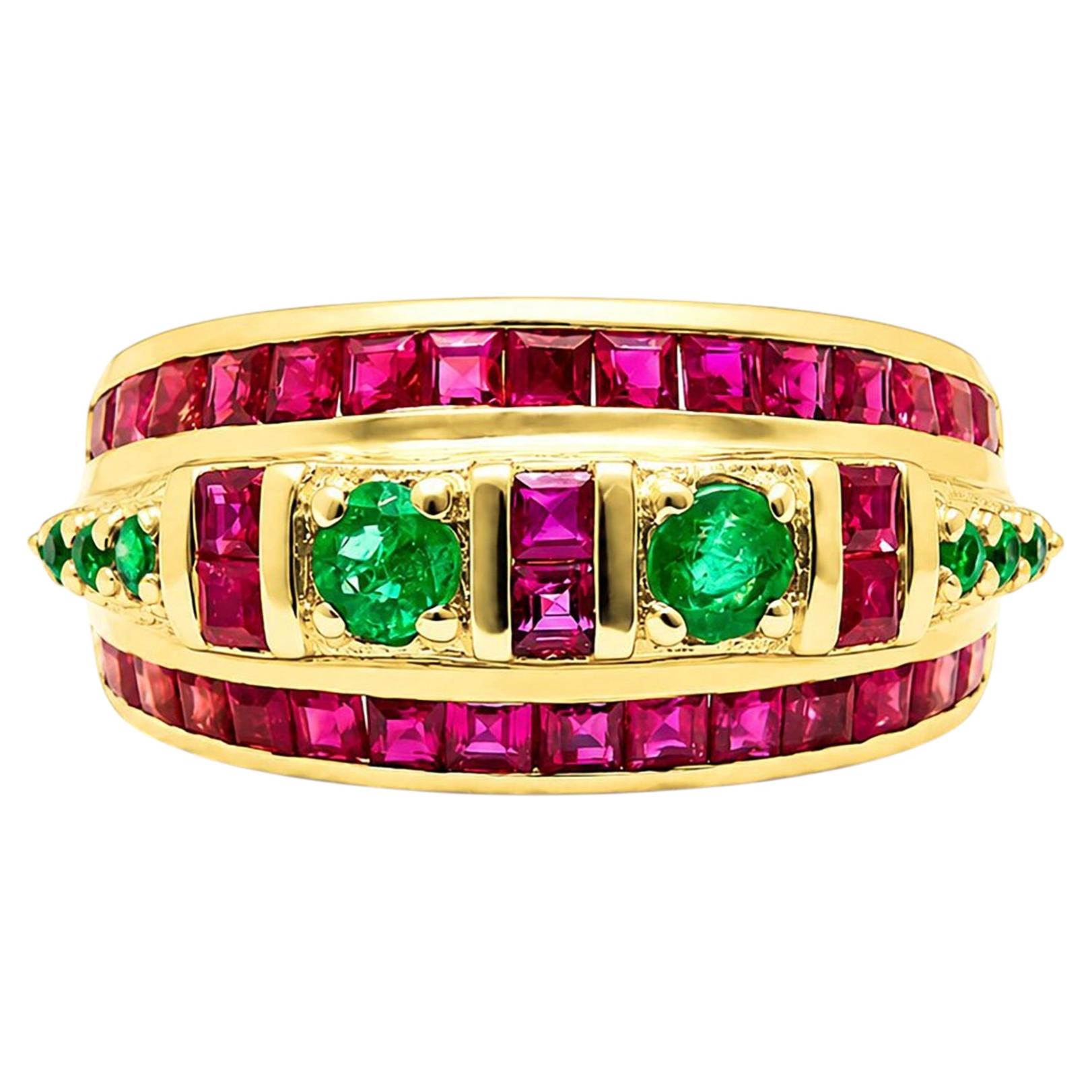 2 Ct Ruby Emerald Designer Luxury Band 0.40 Ct Emerald 14K Gold Emerald RubyBand For Sale