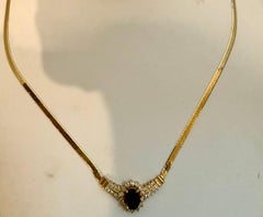 2 Ct Sapphire & 1.2 Ct Diamond Necklace/ Pendant 14 Karat Yellow Gold with Chain