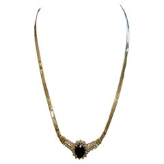 2 Ct Sapphire & 1.2 Ct Diamond Necklace/ Pendant 14 Karat Yellow Gold with Chain