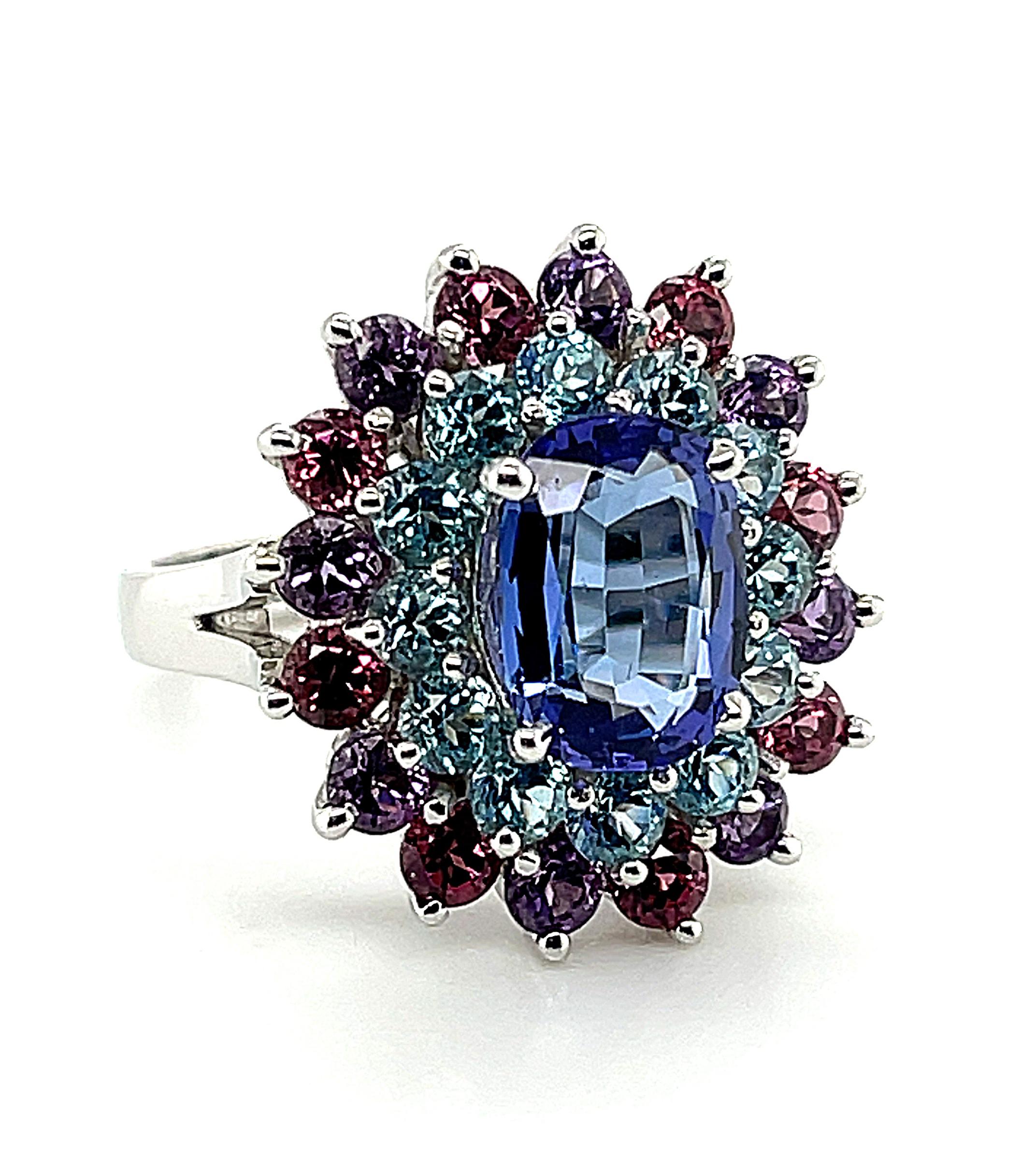 2 ct. Tanzanite, Amethyst, Garnet, Blue Topaz White Gold Cocktail Cluster Ring In New Condition In Los Angeles, CA
