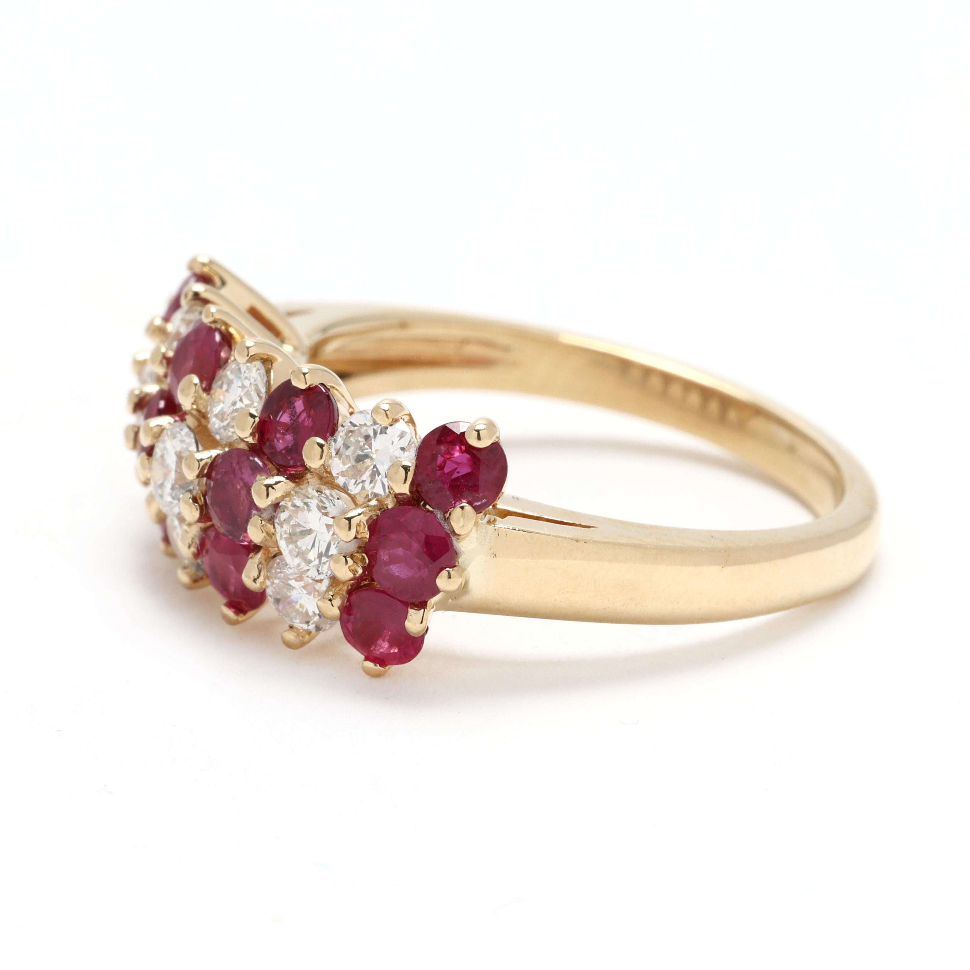 Bague à grappes de rubis et diamants 2 carats, or jaune 14 carats, taille de bague 6,25 Bon état - En vente à McLeansville, NC
