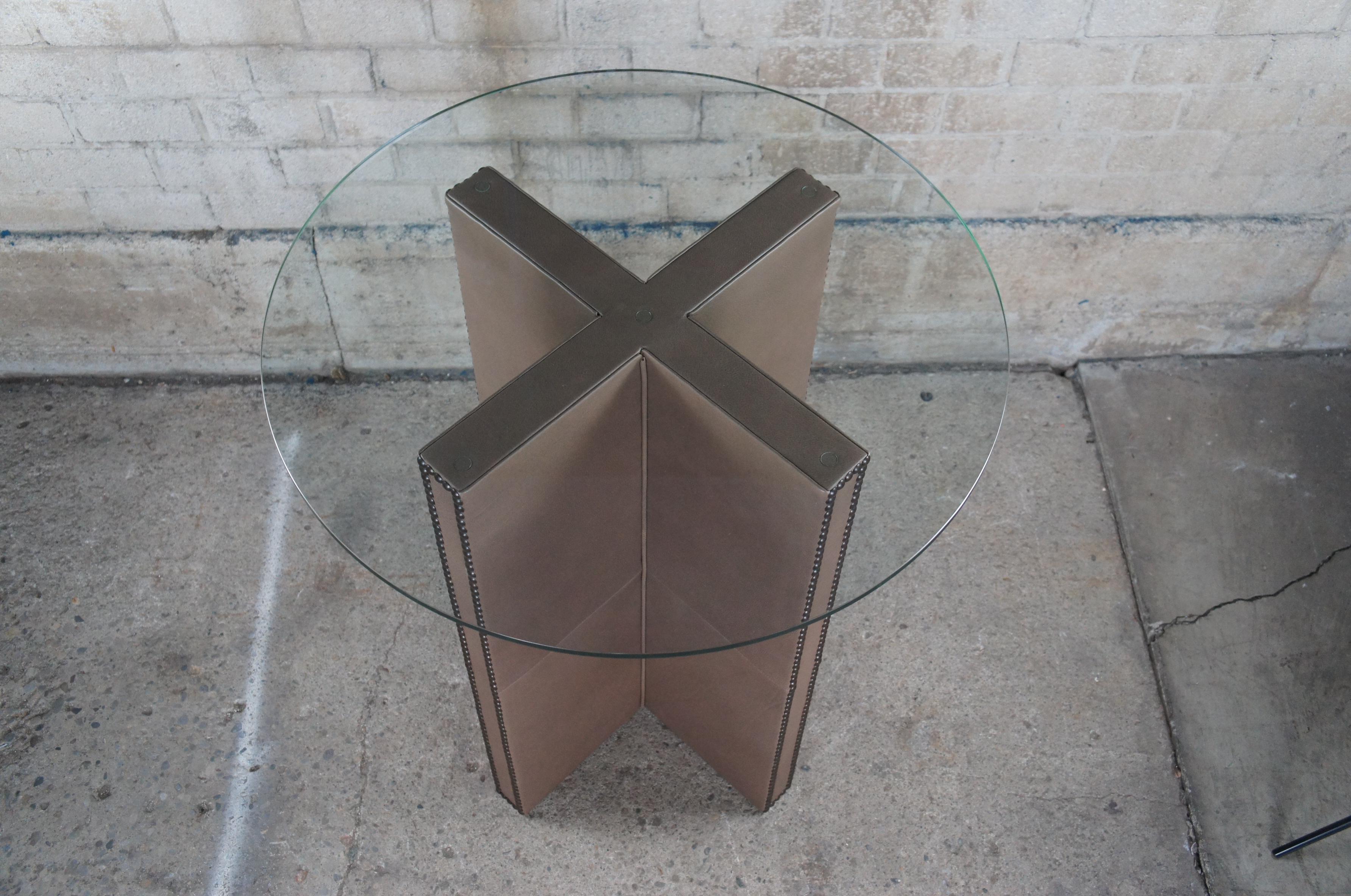 20th Century 2 Custom Brown Leather Modern Round Glass Top Pub Bistro Tables Nailhead For Sale
