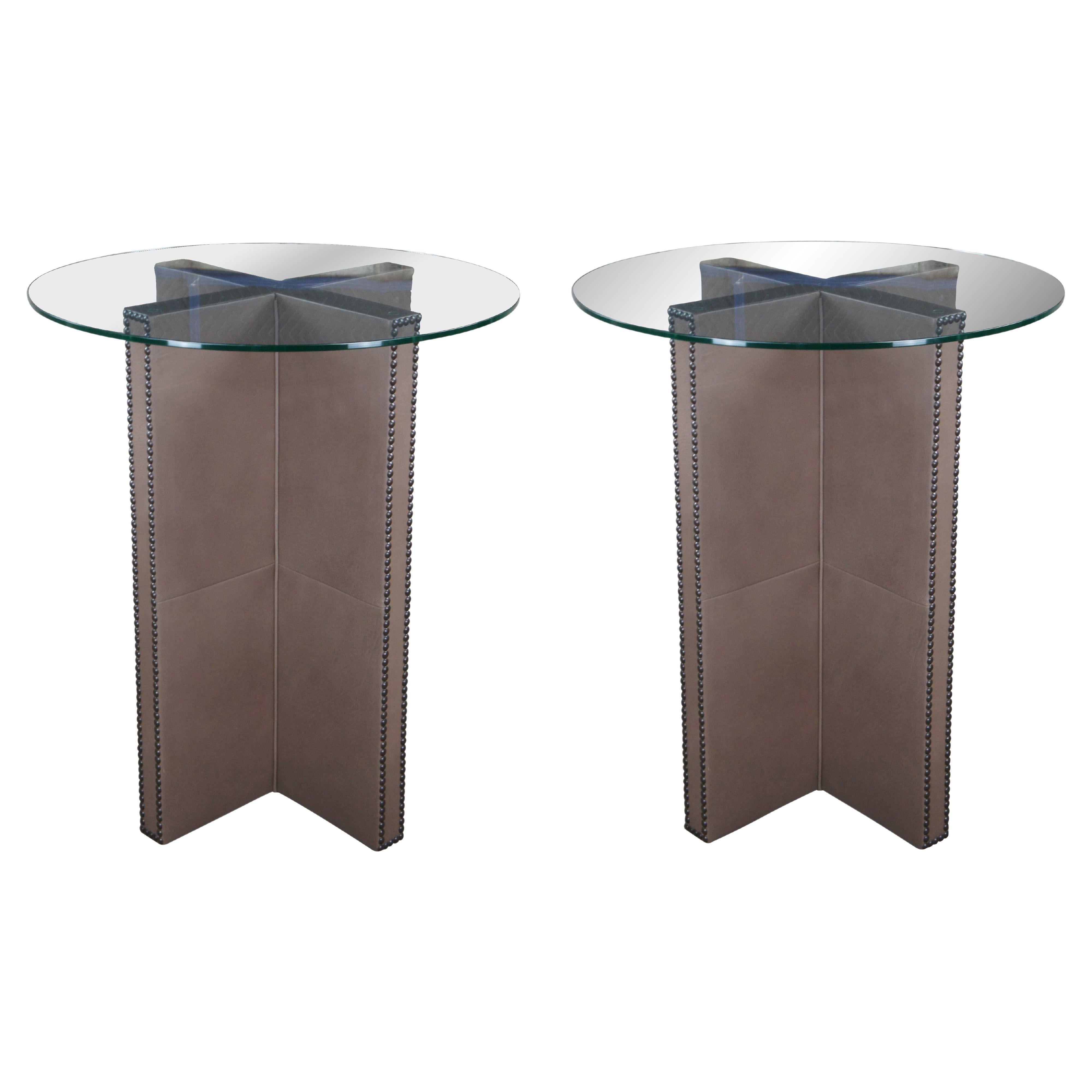 2 Custom Brown Leather Modern Round Glass Top Pub Bistro Tables Nailhead For Sale