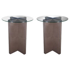 Used 2 Custom Brown Leather Modern Round Glass Top Pub Bistro Tables Nailhead