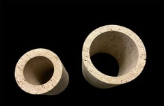 2 Cylindrical Travertine Cache Pots, Table Base, or Sculptures, Italian, 1970's