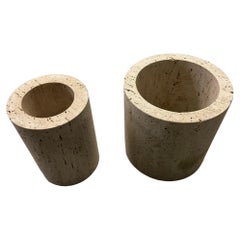 2 Cylindrical Travertine Cache Pots, Table Base, or Sculptures, Italian, 1970's
