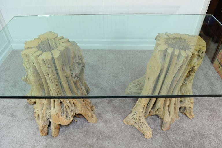 2 Cypress Tree Roots Trunk Driftwood Dining Table Desk Double Pedestal Bases (Moderne der Mitte des Jahrhunderts) im Angebot